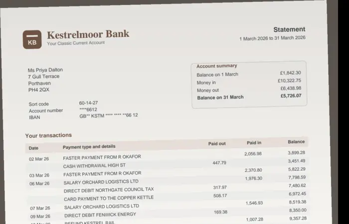 Phone photo of a printed bank statement, the kind of image the converter reads with OCR