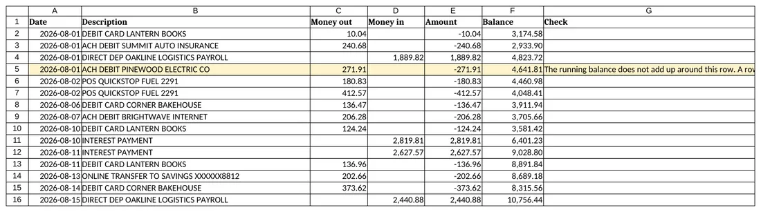 Bank statement converted to Excel with date, description, money out, money in, amount, balance and check columns